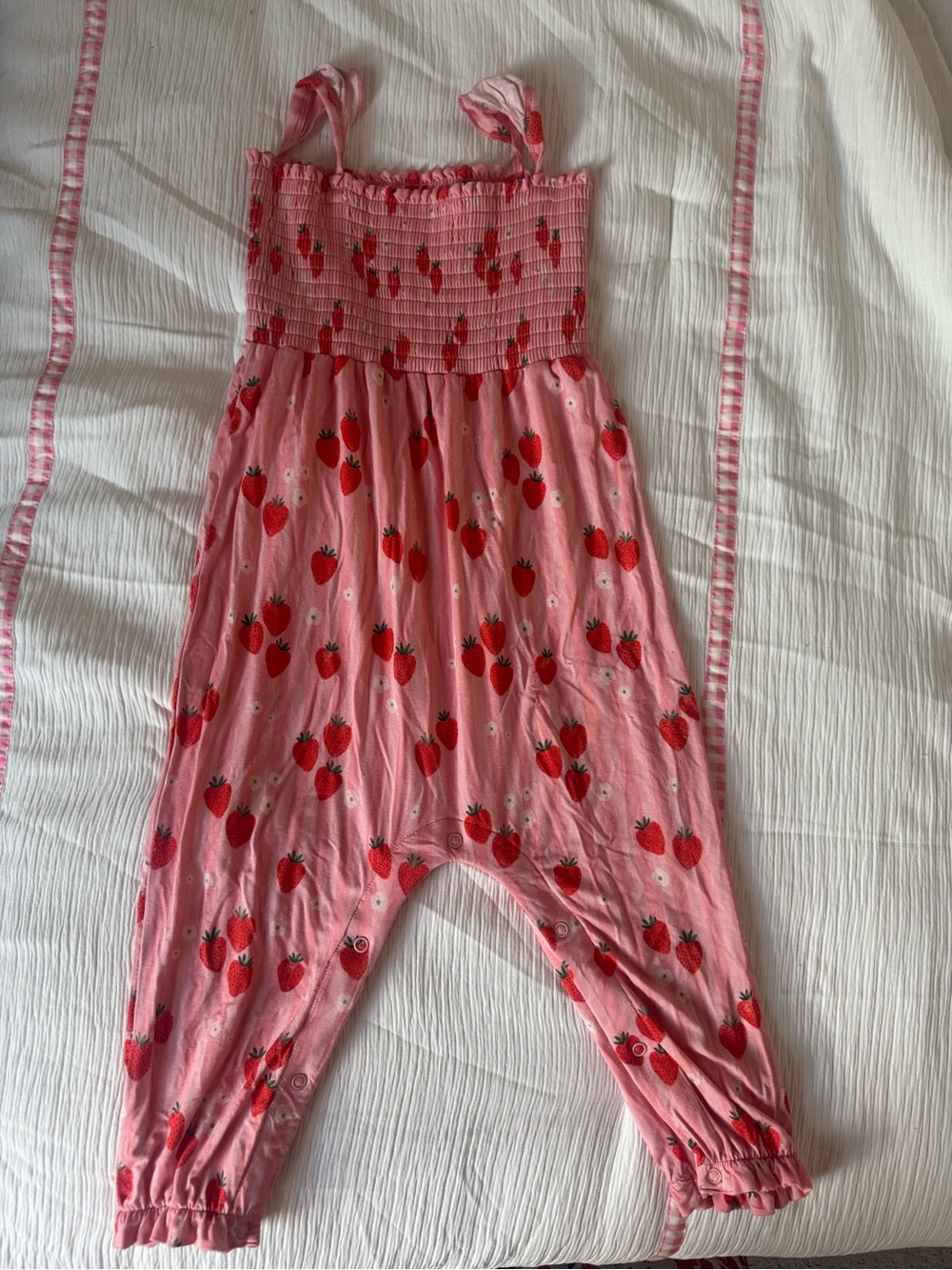 In my Jammers Girls Pink Strawberry Print Smocked Jumpsuit